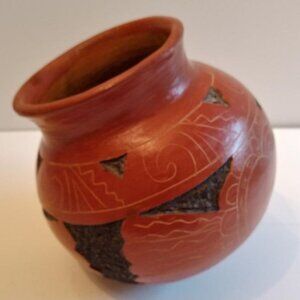 Vintage Red Clay Pottery Etched Round Bottom Vase